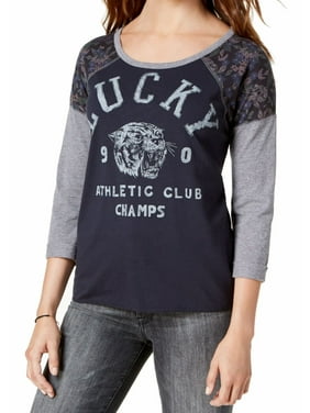 LUCKY BRAND Womens Gray Floral Print Varsity Elbow Sleeves Top XL